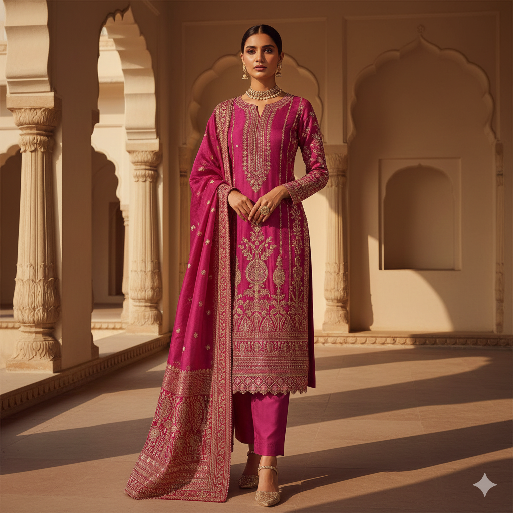 women rose pink embroidered suit set for special occasaions